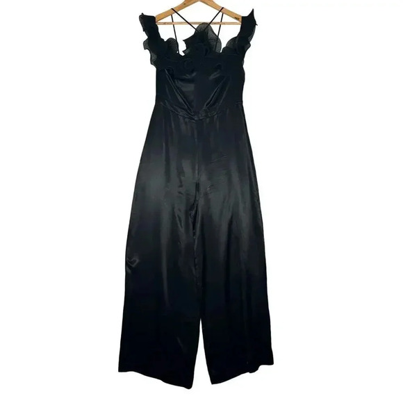 ZARA 80s Cocktail Flared Satin Effect Black Ruffled Halter Jumpsuit Size L - Picture 2 of 9